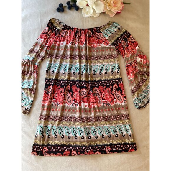 Boho Off Shoulder Bell Sleeve Tunic Top or Dress M Cottagecore Hippie Y2K Style - Picture 2 of 8